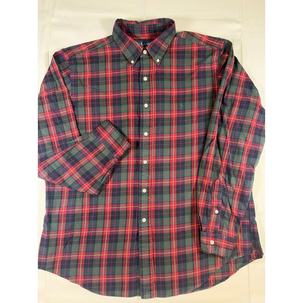Ralph Lauren Classic Fit Plaid Button Down Shirt Mens XL Red Green Cotton Pony